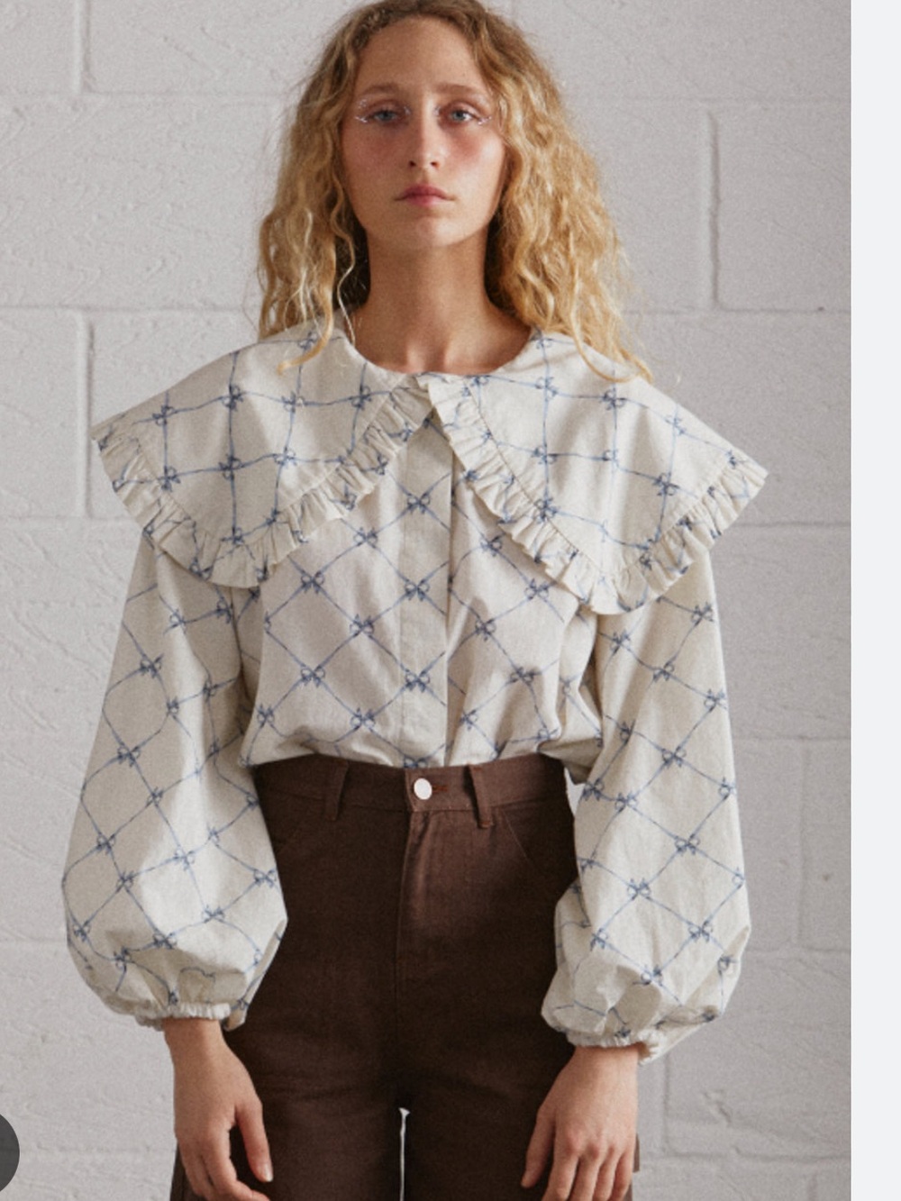 Smocked Blouse with Blue Lattice and Oversized Ruffle Collar - Damson Madder